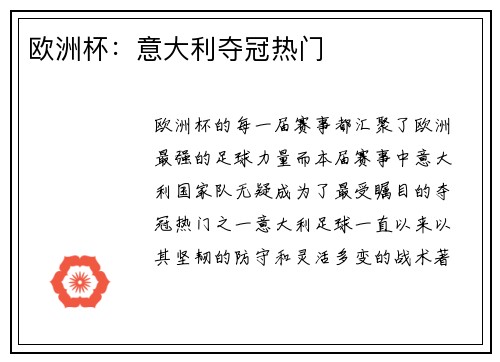 欧洲杯：意大利夺冠热门