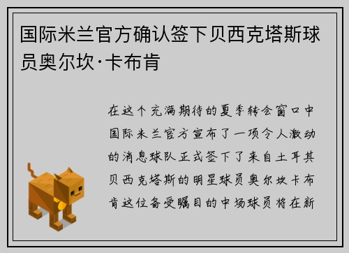 国际米兰官方确认签下贝西克塔斯球员奥尔坎·卡布肯
