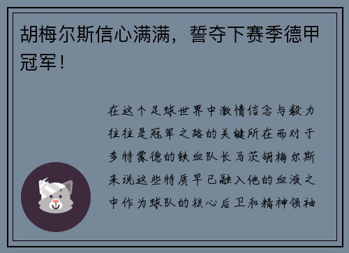 胡梅尔斯信心满满，誓夺下赛季德甲冠军！